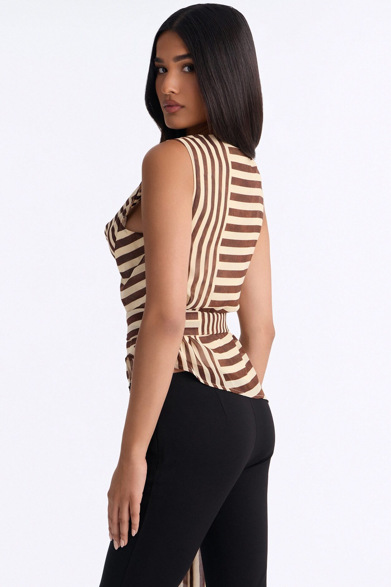 Calliope Tie Waist Striped Chiffon Blouse - Brown/combo