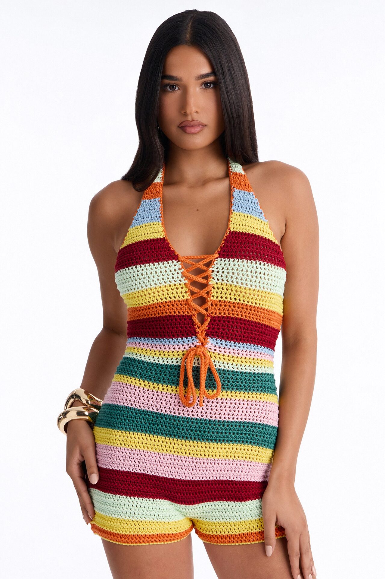 Cleo Crochet Halter Romper - Multi Color