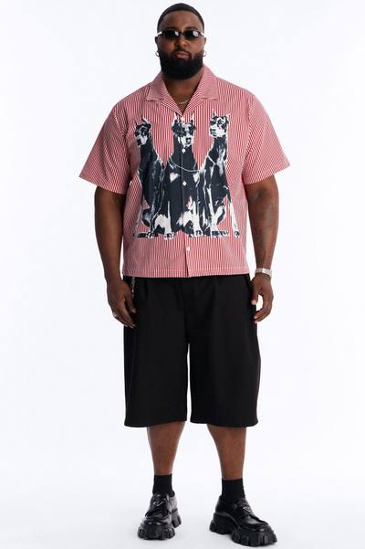Doberman Seersucker Stripe Cuban Collar Button Up Shirt - Red/combo