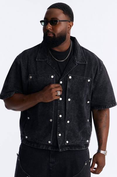 Boxy Utility Snap Panel Button Up Shirt - Black Wash