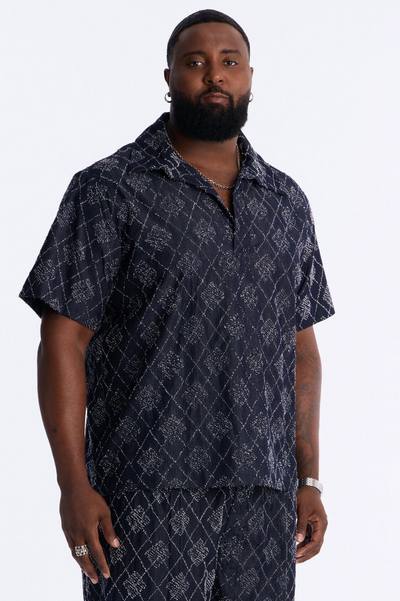 Diamond Frayed Jacquard Polo - Navy