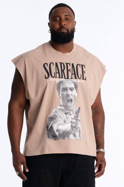 Heavy Weight Scarface Money Power Respect Muscle Tee - Taupe