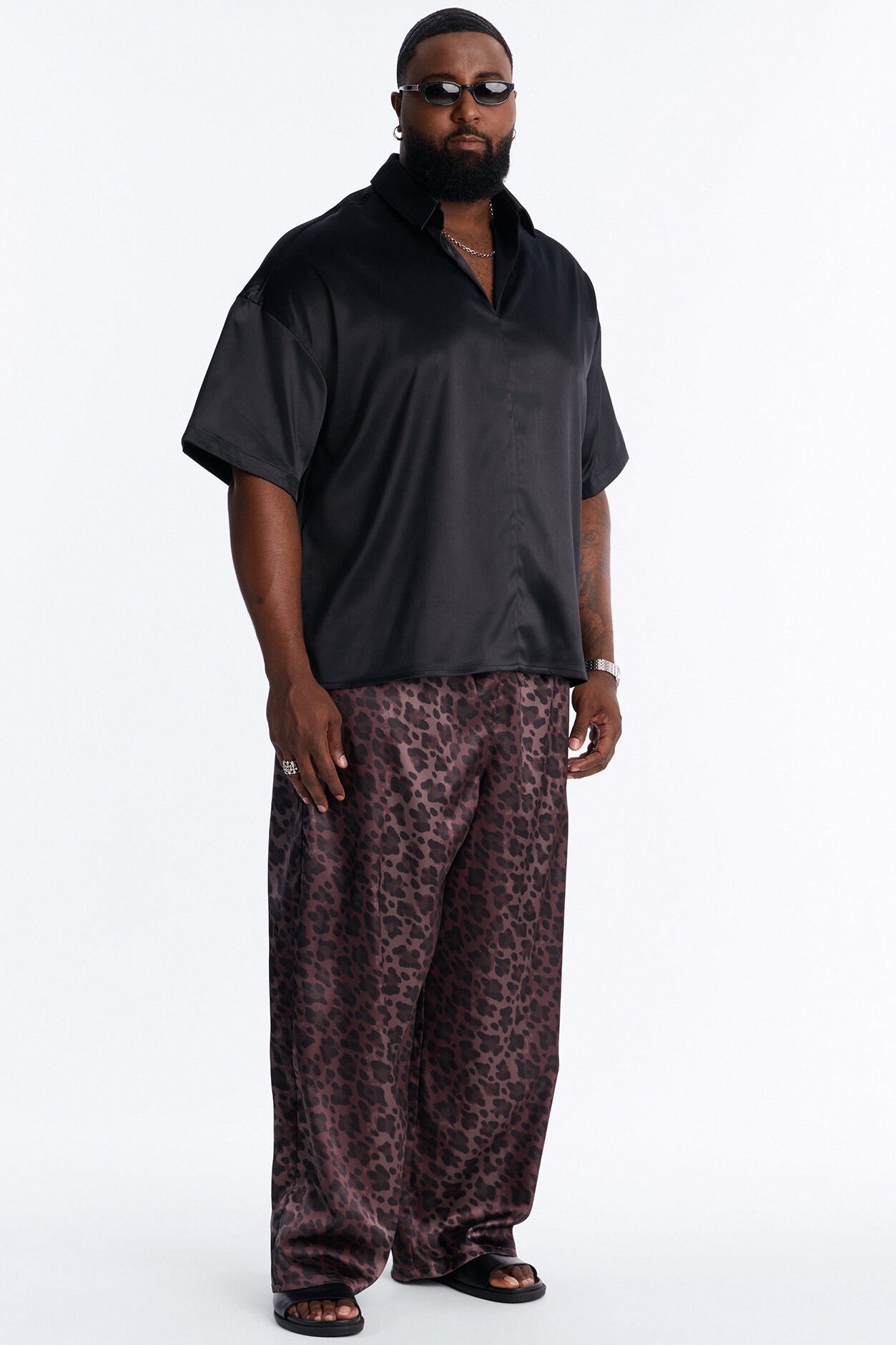 Wide Leg Urban Leopard Satin Pant - Brown