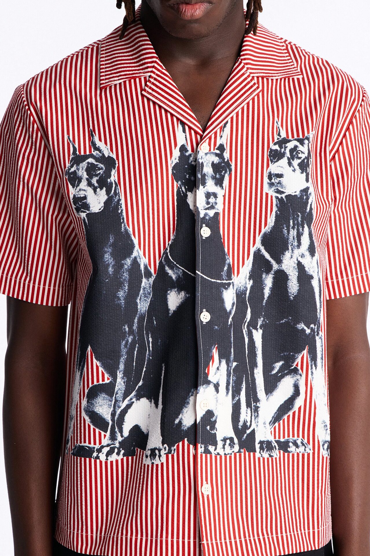 Doberman Seersucker Stripe Cuban Collar Button Up Shirt - Red/combo