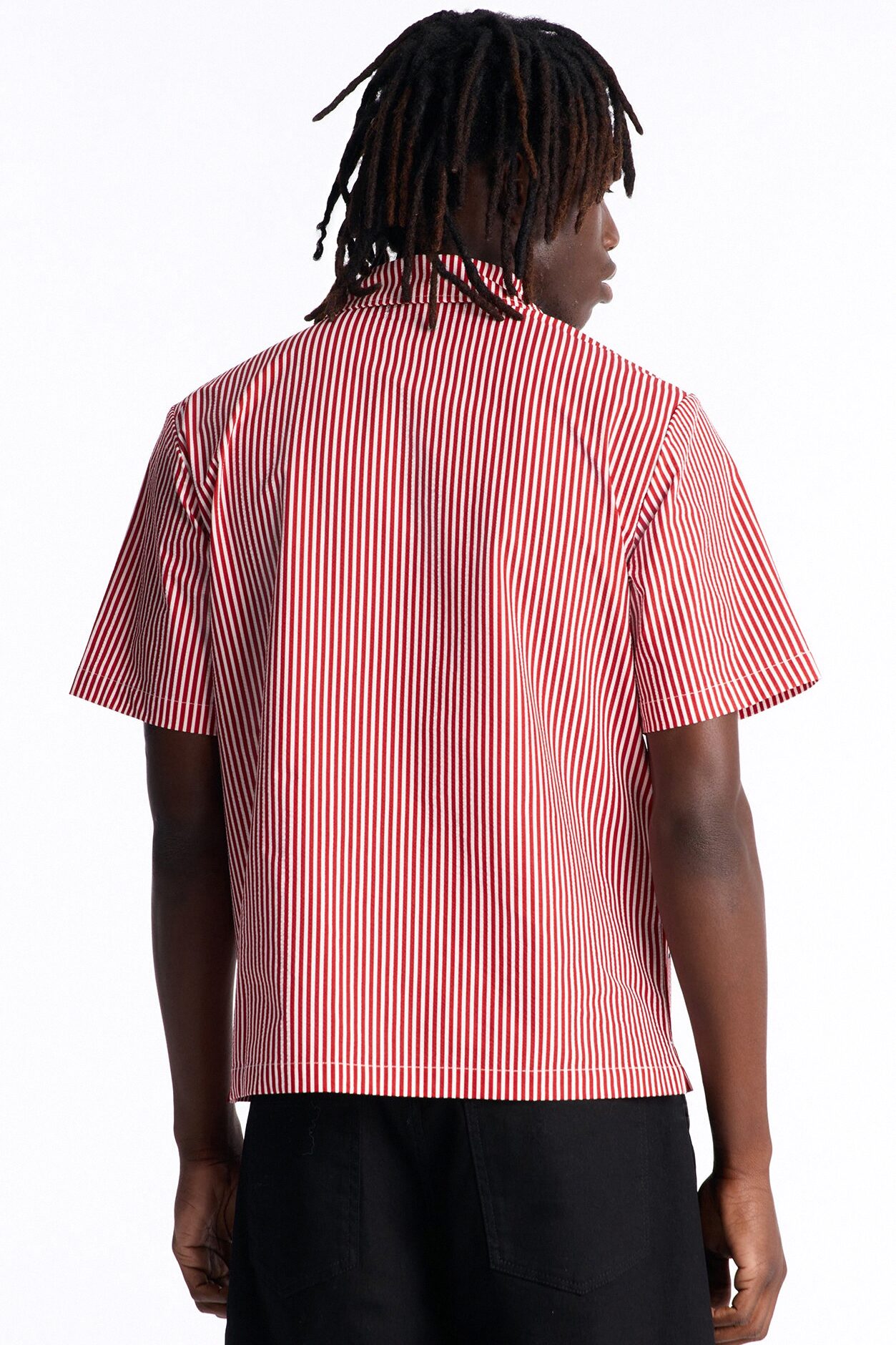 Doberman Seersucker Stripe Cuban Collar Button Up Shirt - Red/combo