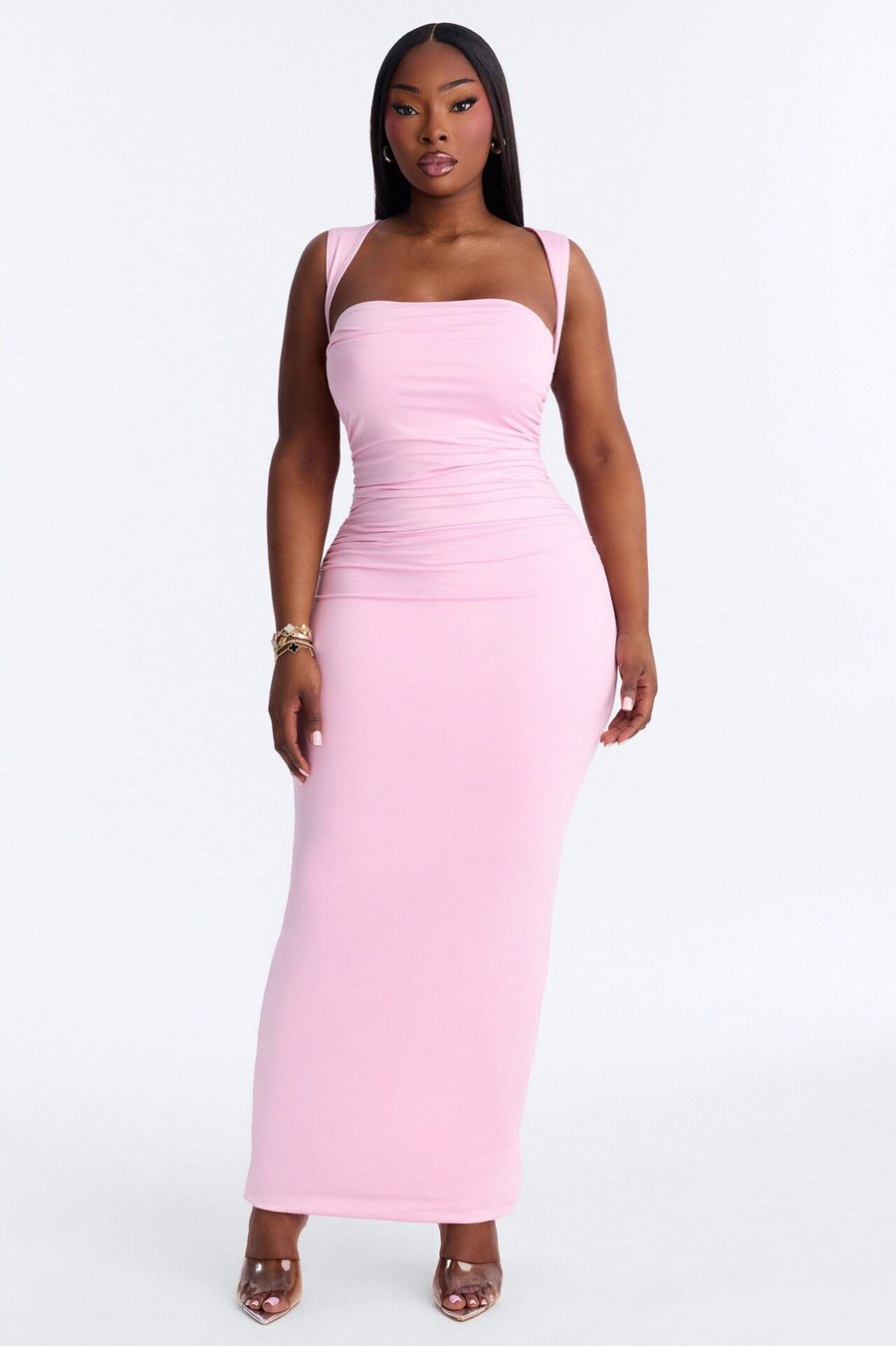 Contour Double Lined Straight Neck Maxi Dress - Pink