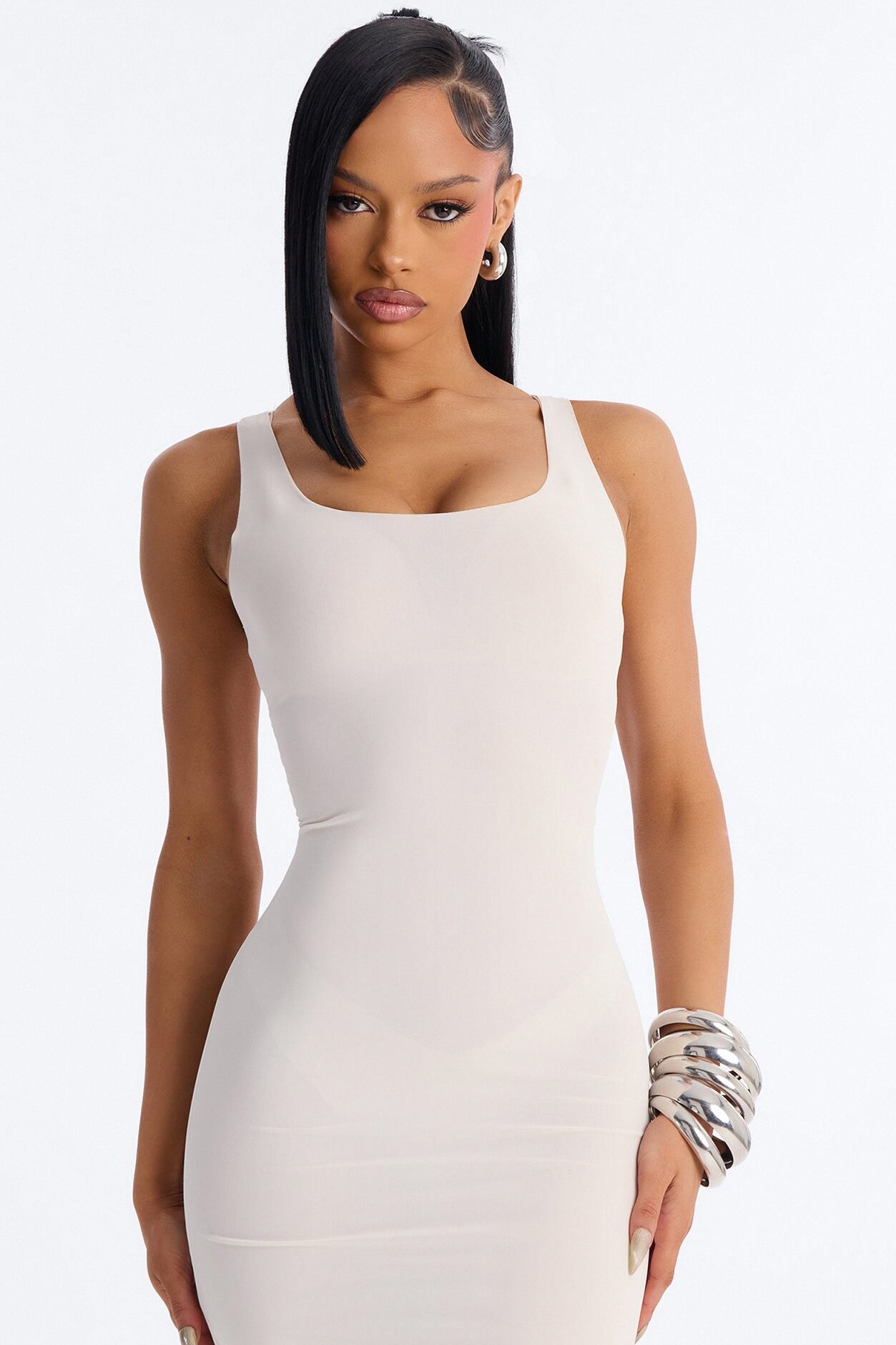 Power Mesh Low Scoop Back Sleeveless Maxi Dress - Bone