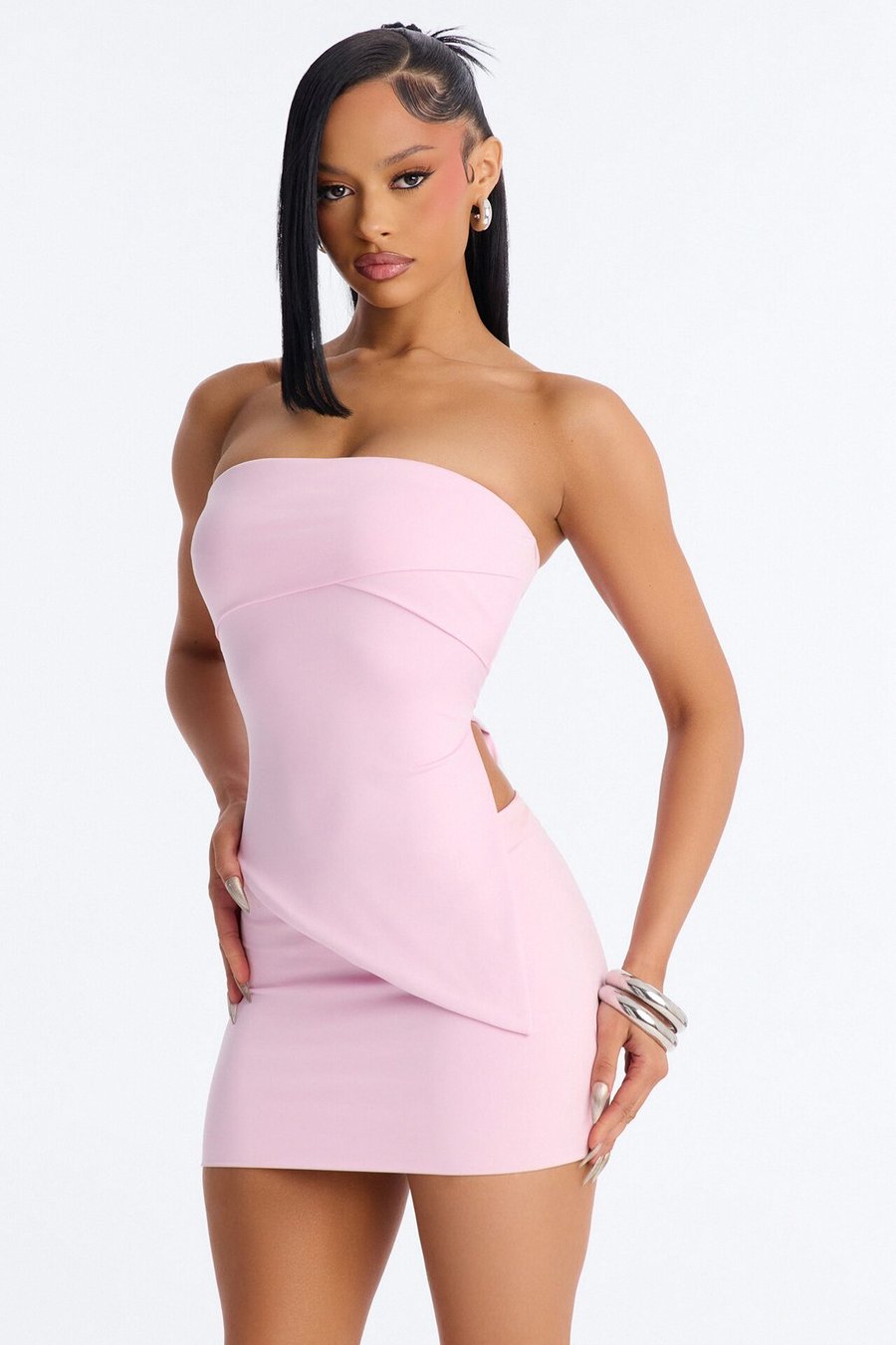 Contour Double Lined Asymmetrical Split Tube Top - Pink