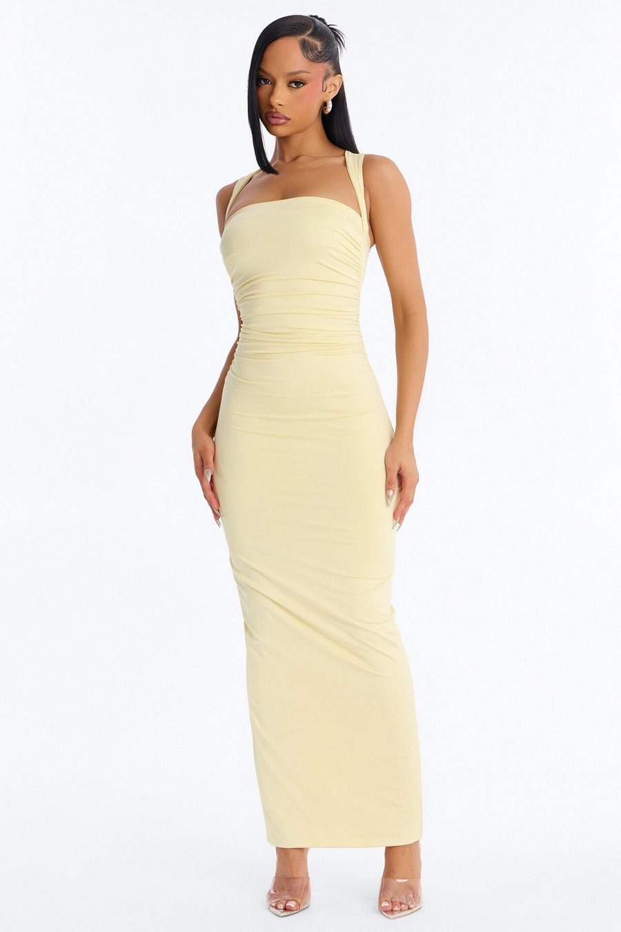Contour Double Lined Straight Neck Maxi Dress - Yellow