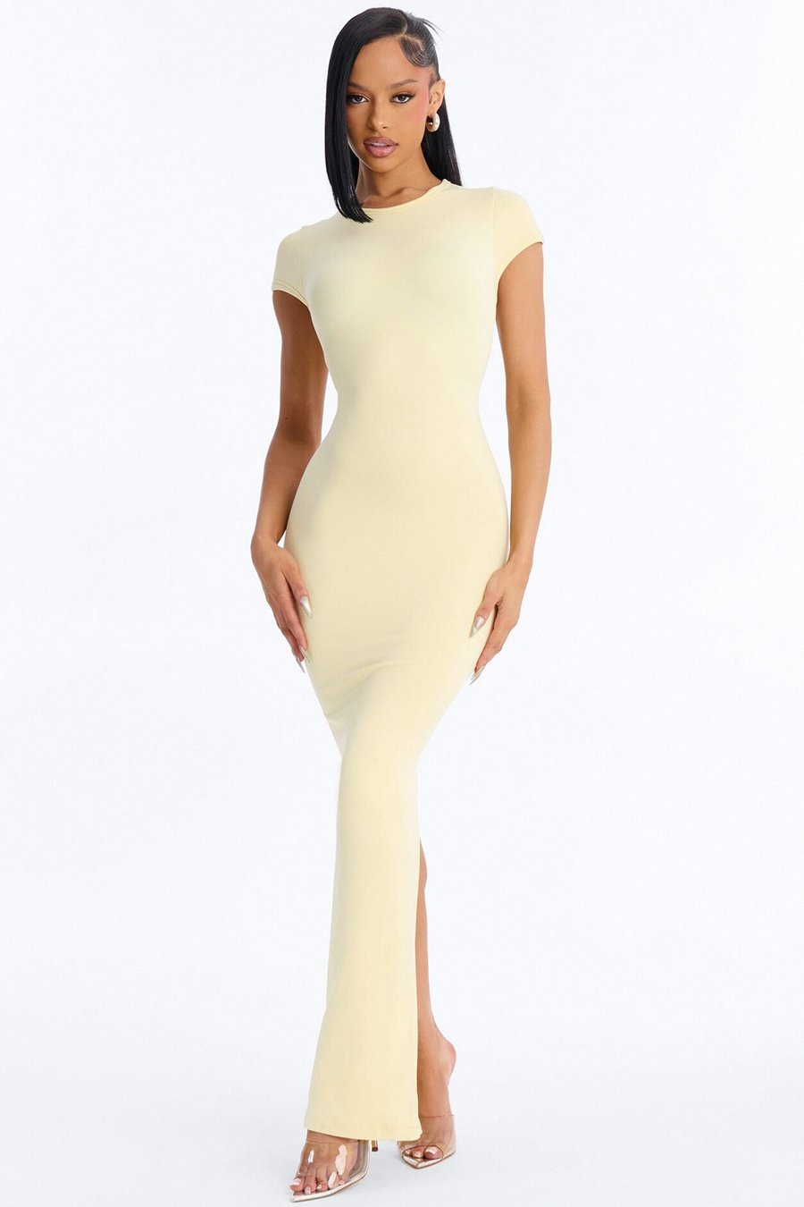 Seamless Smooth Double Lined Cap Sleeve Maxi Dress - Yellow