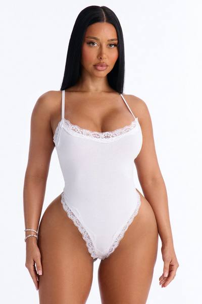 Kirstie Super Soft Lace Trim Thong Bodysuit - White