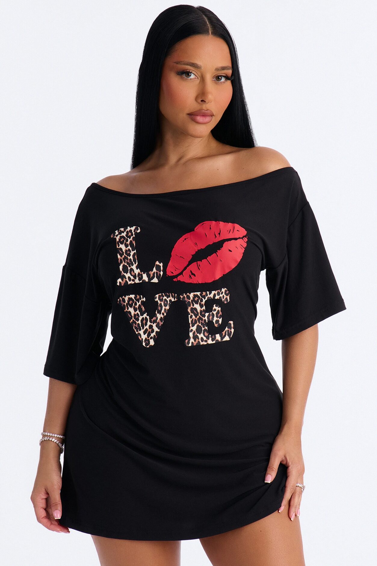 Love My Sleep Off Shoulder Sleep Shirt - Black