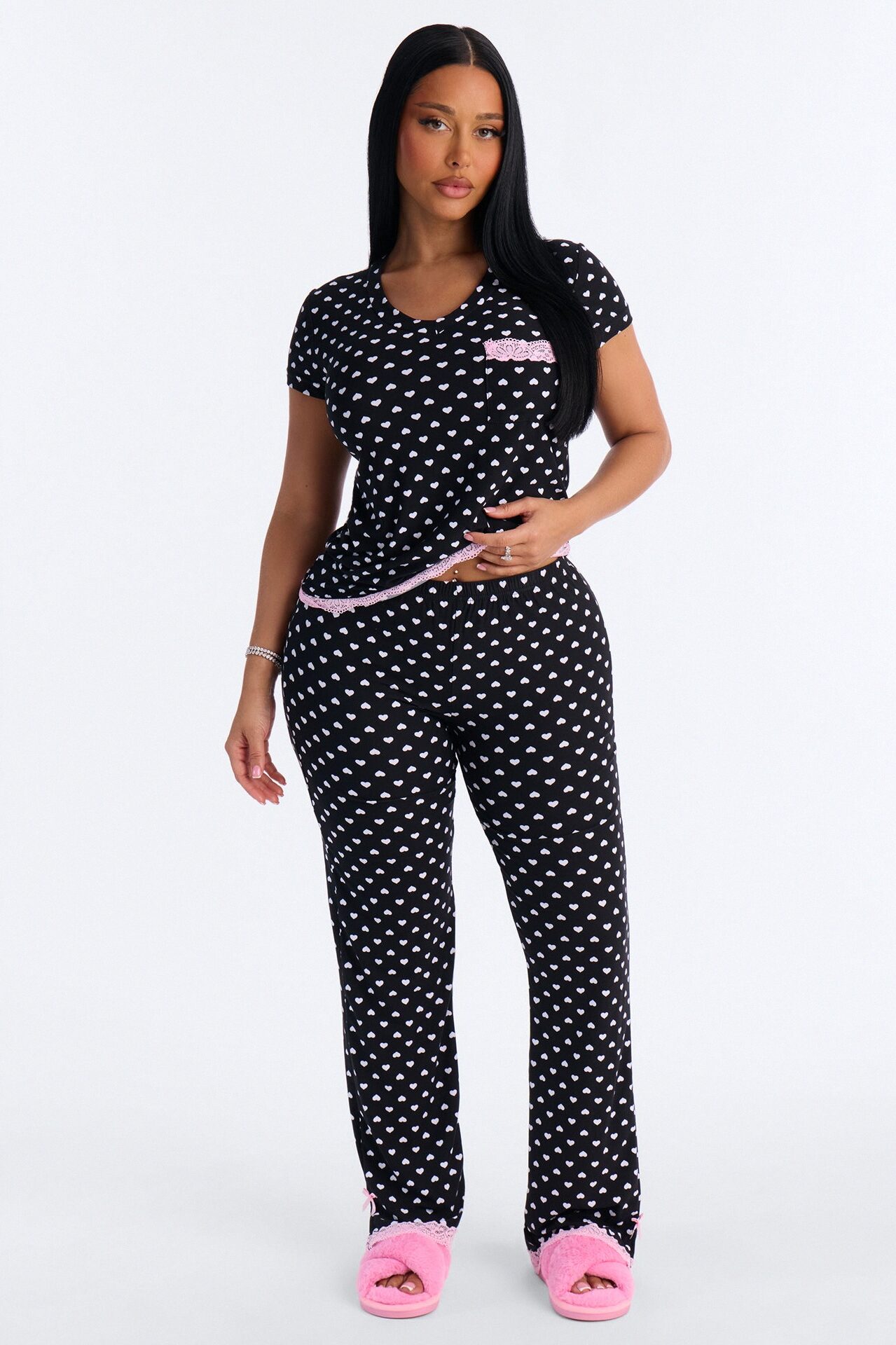 Soft Ease Lace Trim PJ Pant Set - Black/Pink
