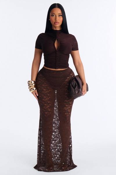 Love For You Ruched Lace Maxi Skirt - Chocolate