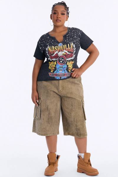 Nashville Rhinestone Music City Washed Top - Black Wash