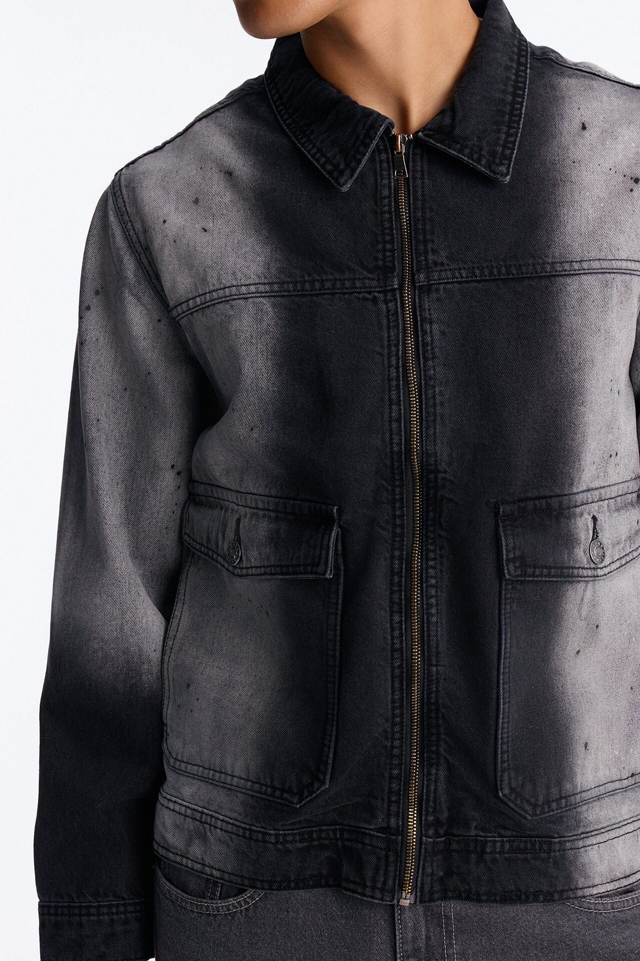 Spot Stained Cropped Denim Work Jacket - Black Wash
