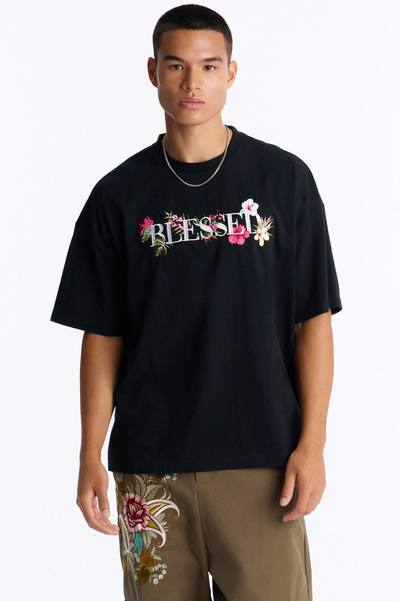 Blessed Floral Oversized Embroidered Short Sleeve Tee - Black