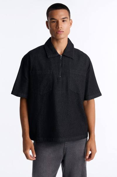 Boxy Marion Denim Quarter Zip Polo - Black