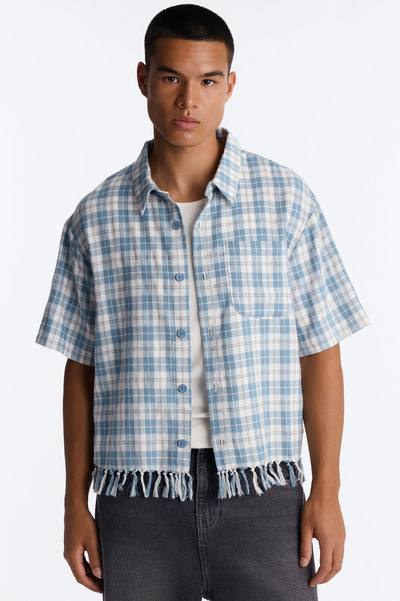 Crossfade Fringe Plaid Button Up Shirt - Blue/combo