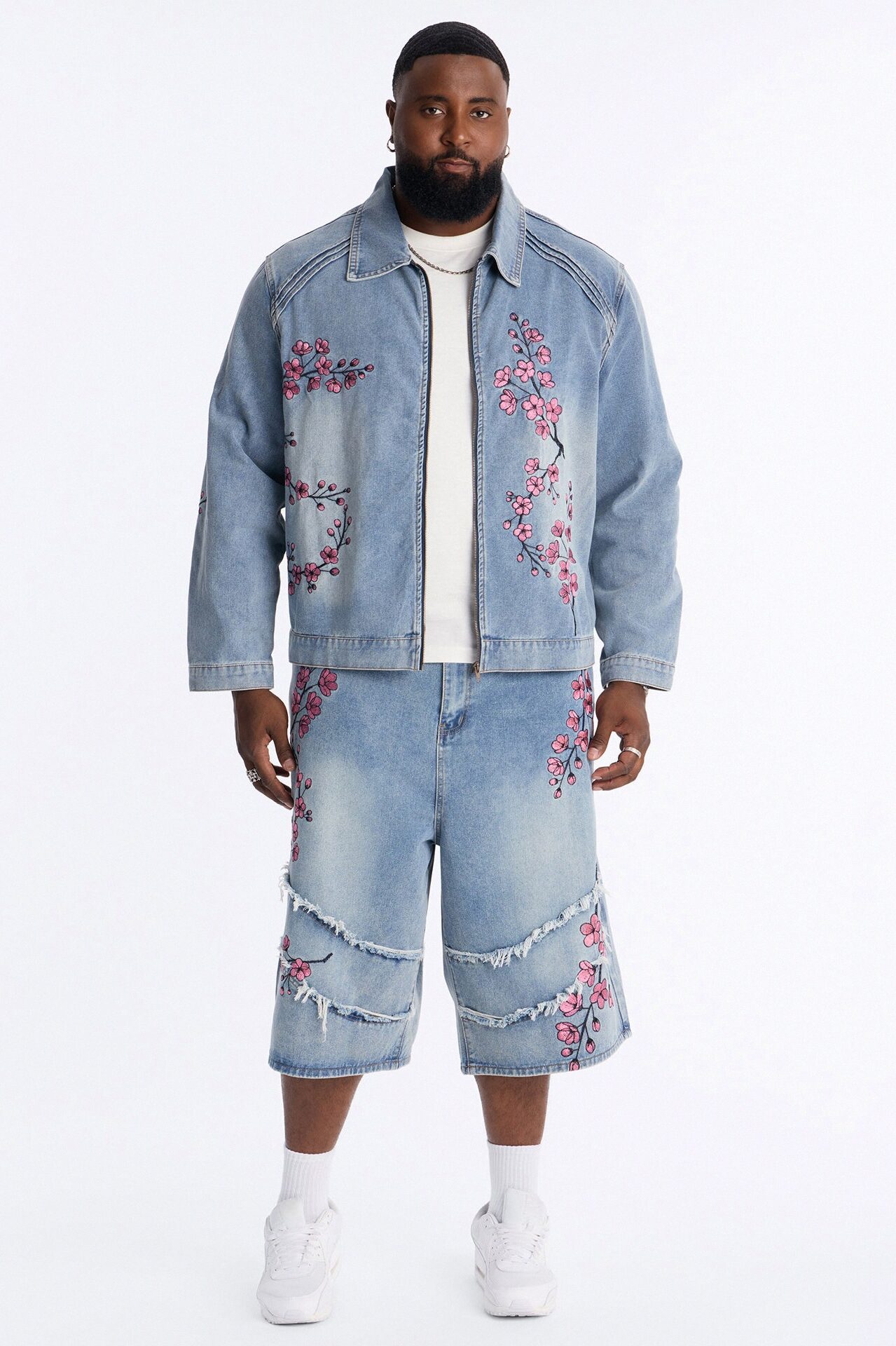 Sakura Flora Embroidered Denim Jacket - Light Blue Wash