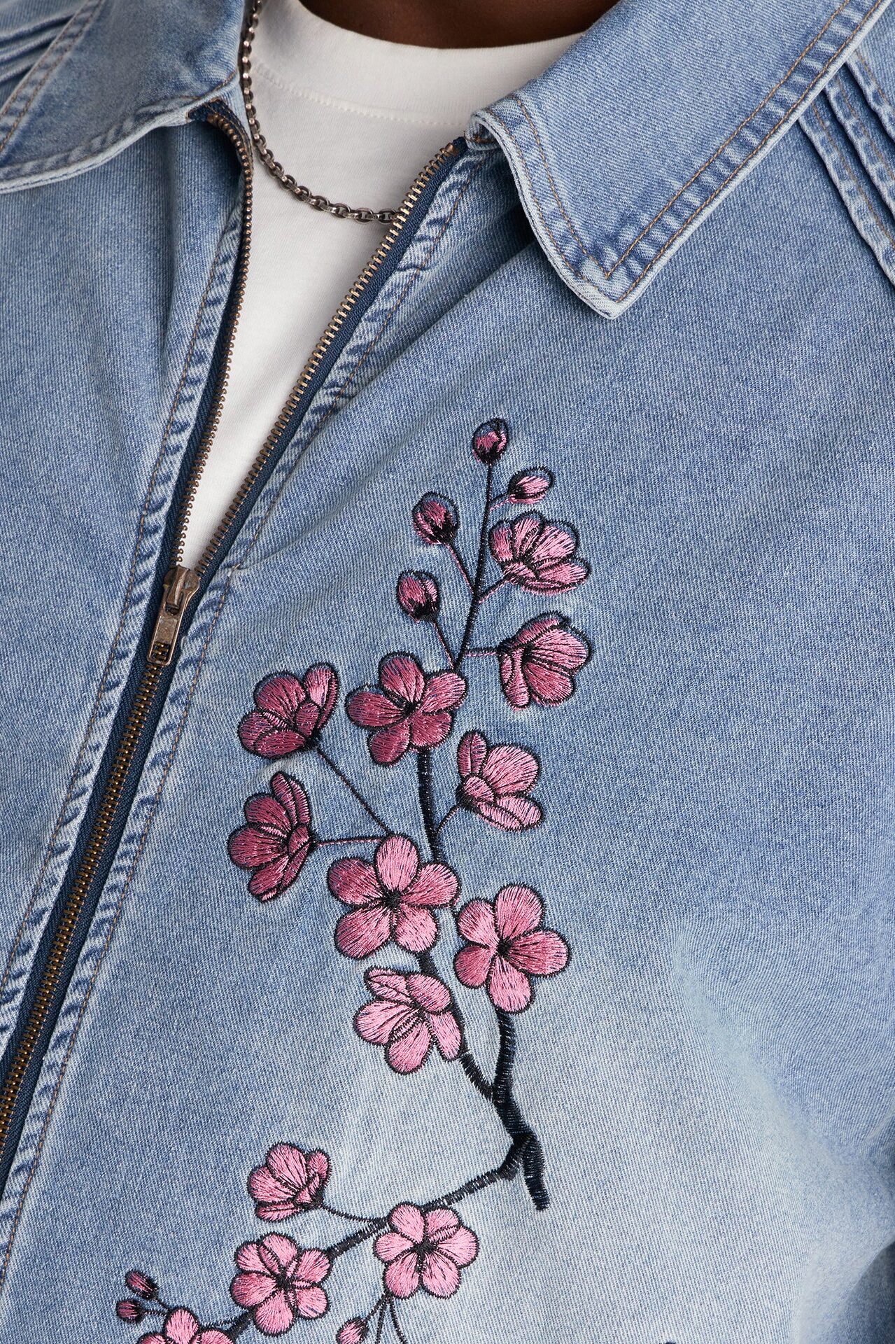 Sakura Flora Embroidered Denim Jacket - Light Blue Wash