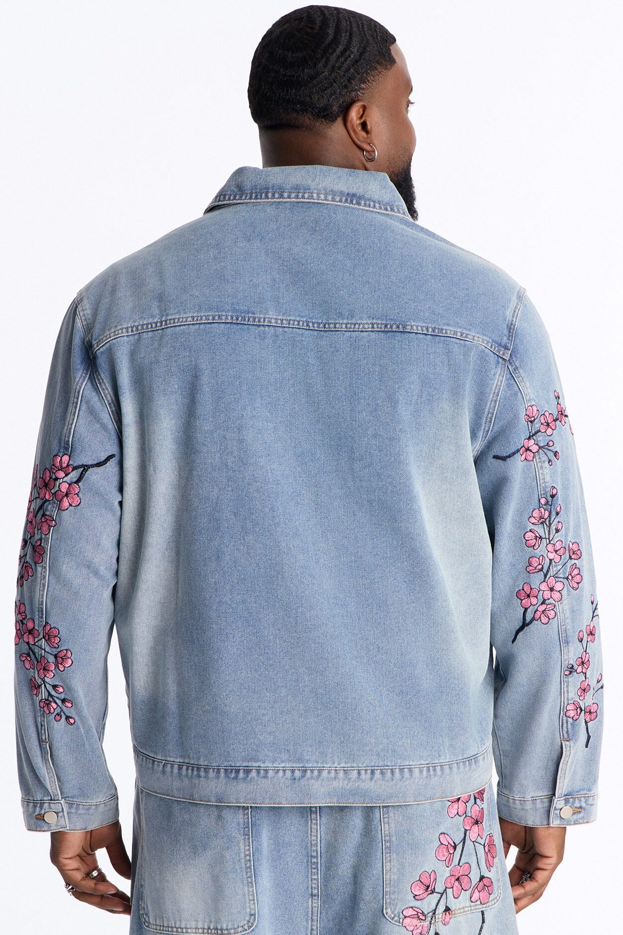 Sakura Flora Embroidered Denim Jacket - Light Blue Wash