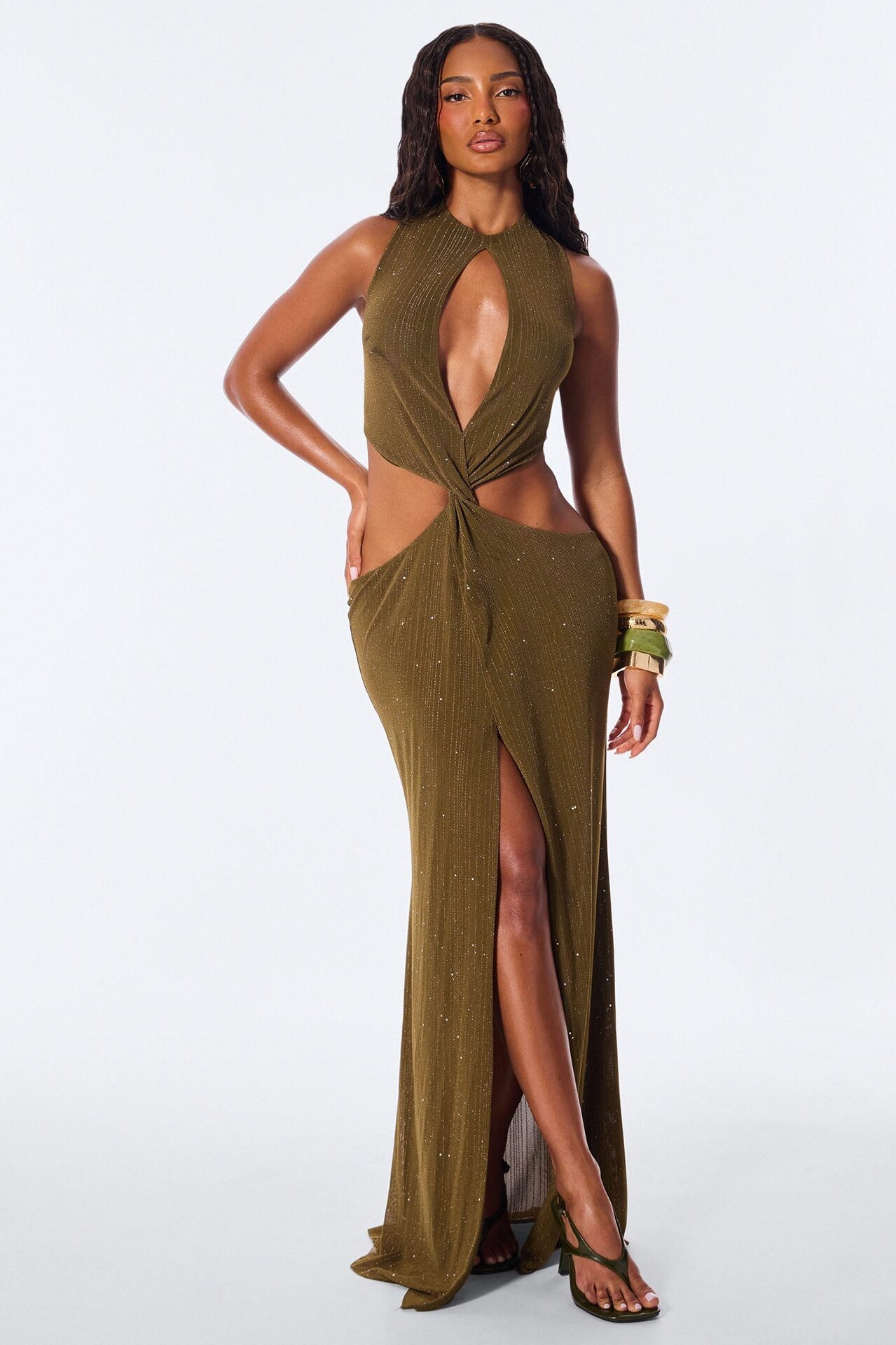 Dazzle Metallic Knit Cut Out Maxi Dress - Olive