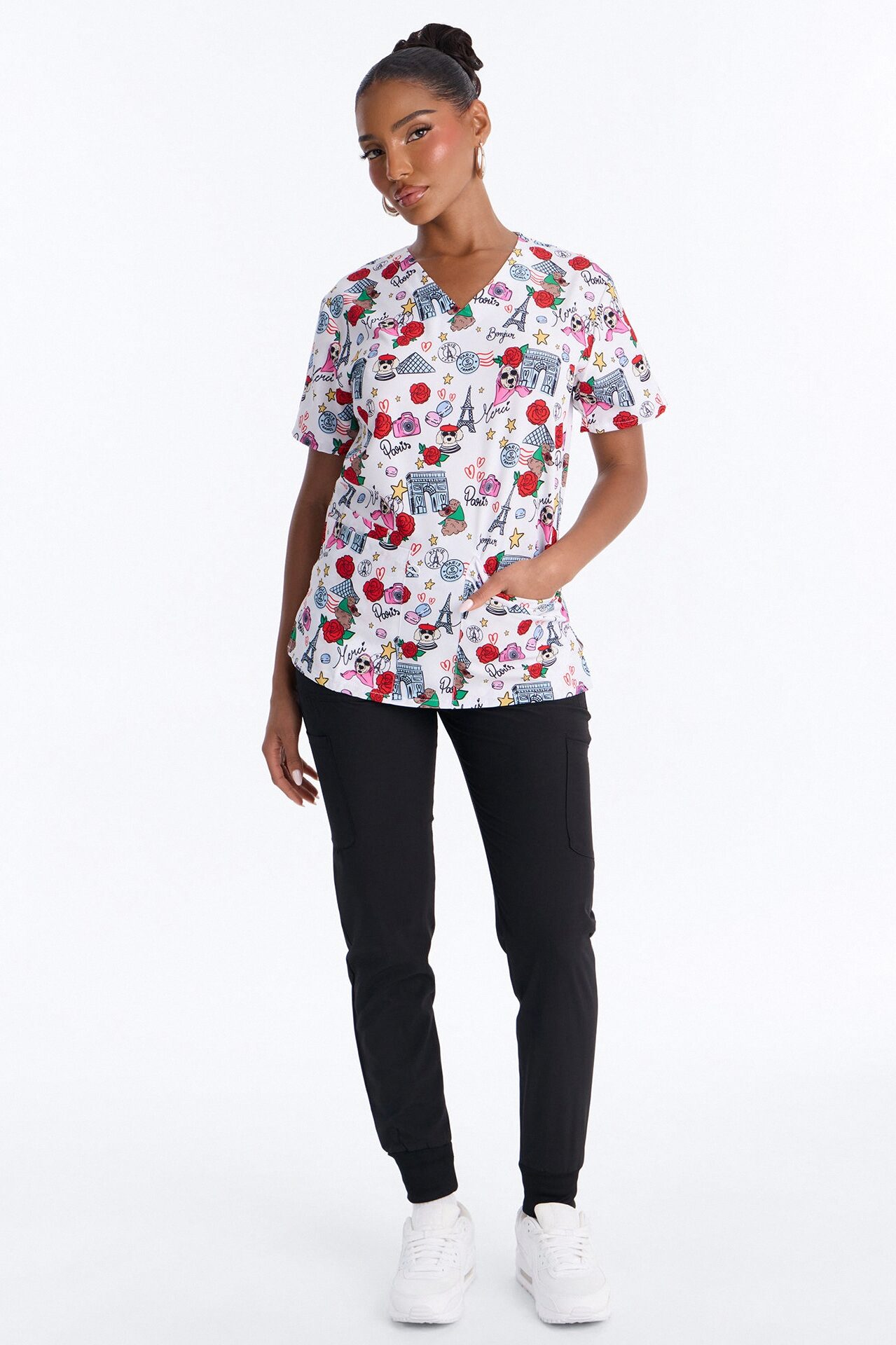 Bright Days 4 Way Stretch Printed Jogger Scrub Set - White/combo