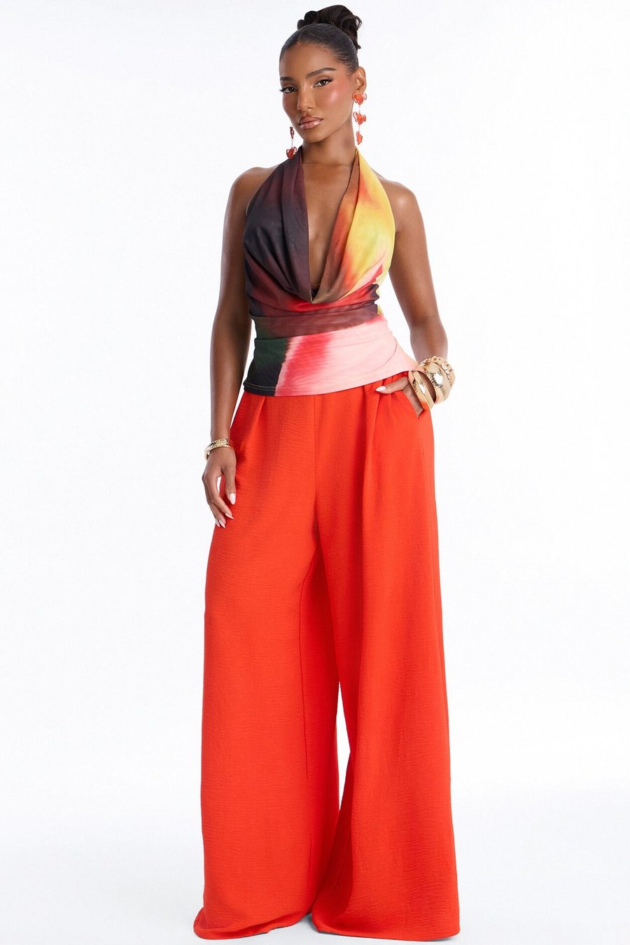 Amiah High Rise Wide Leg Flowy Pant 33″ - Red
