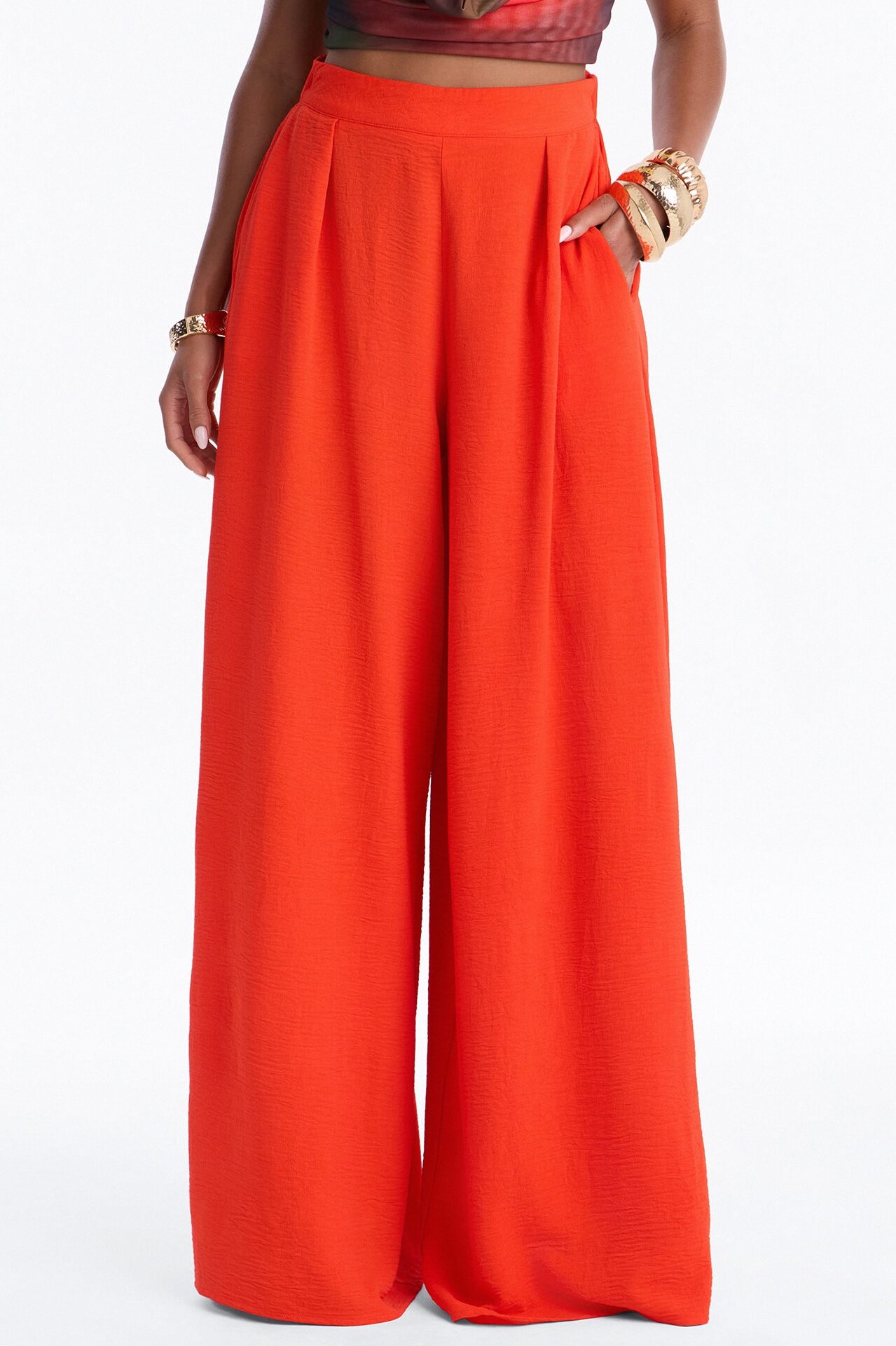 Amiah High Rise Wide Leg Flowy Pant 33″ - Tomato Red