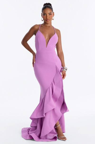 Selene Deep Neckline Ruffle Gown - Lavender
