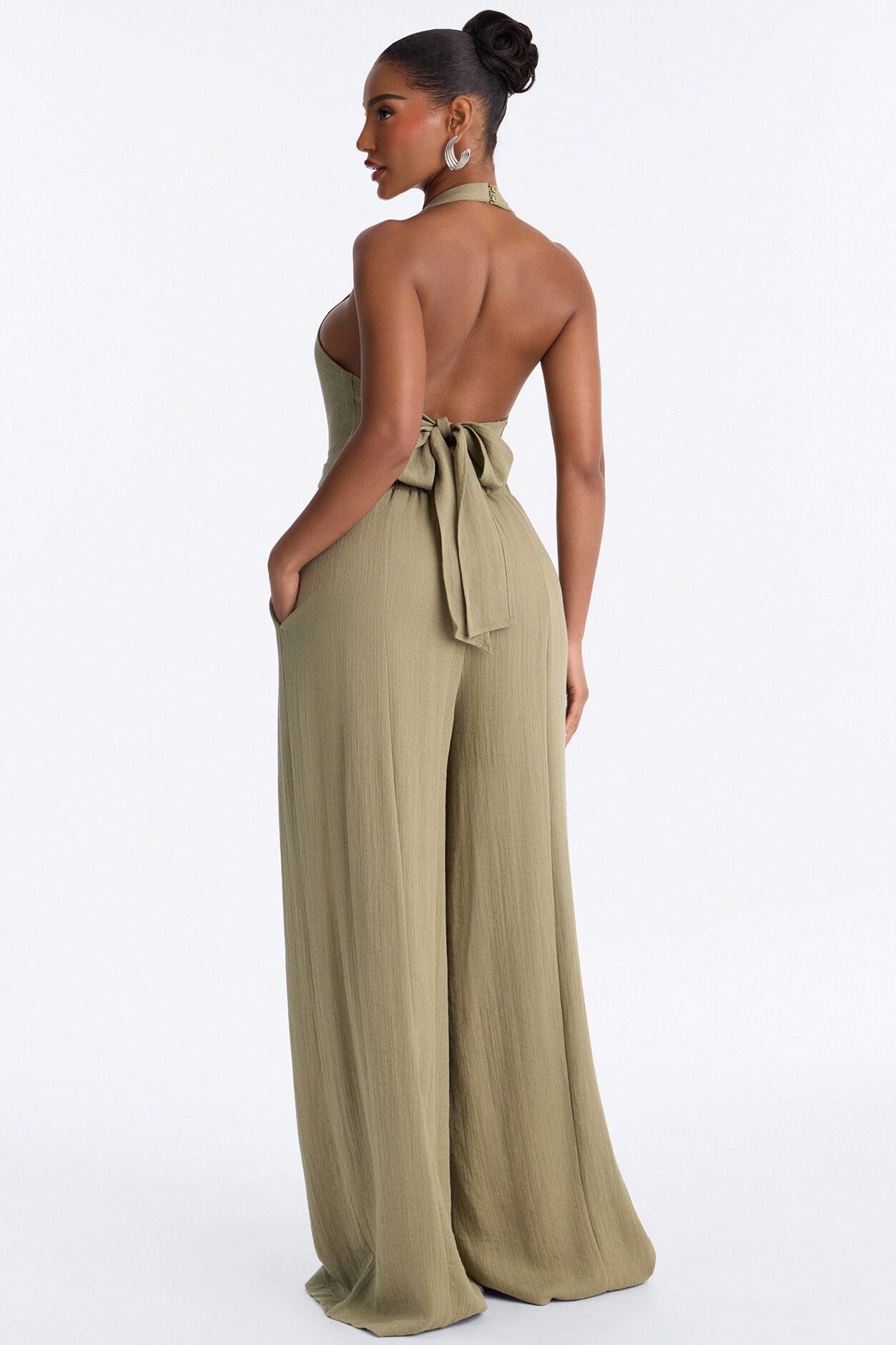Liana Linen Halter Jumpsuit - Olive