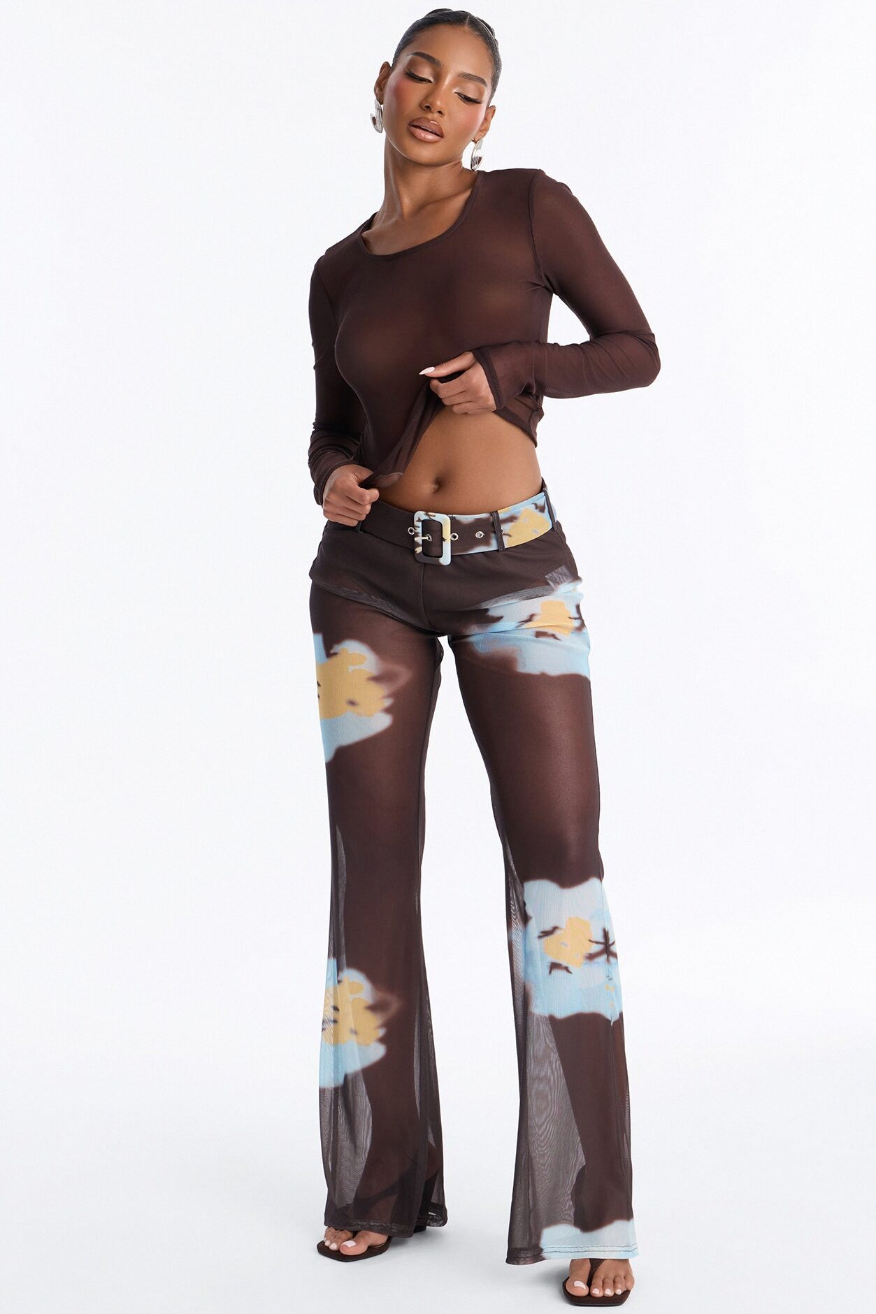 Valerie Low Rise Mesh Belted Pant - Brown/combo