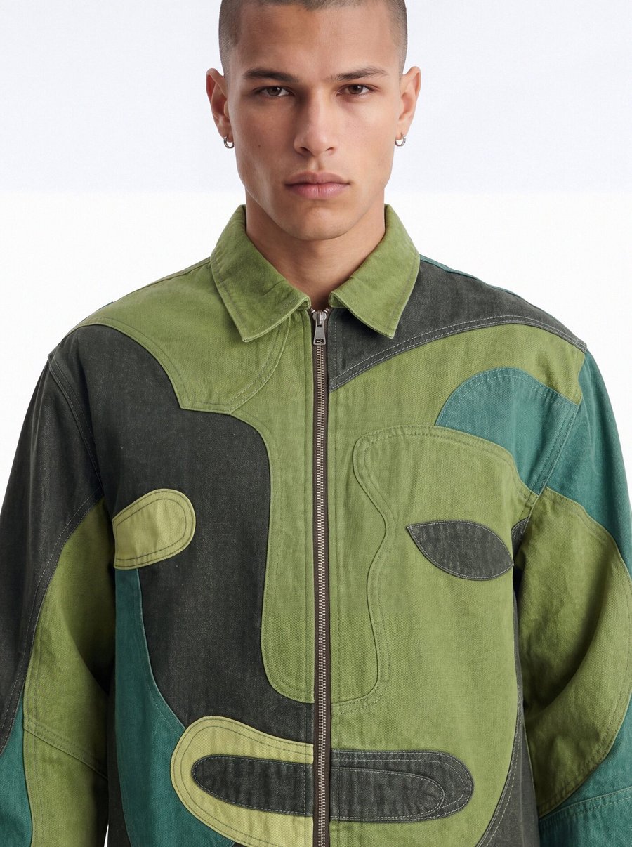 Portrait Patchwork Denim Jacket - Green