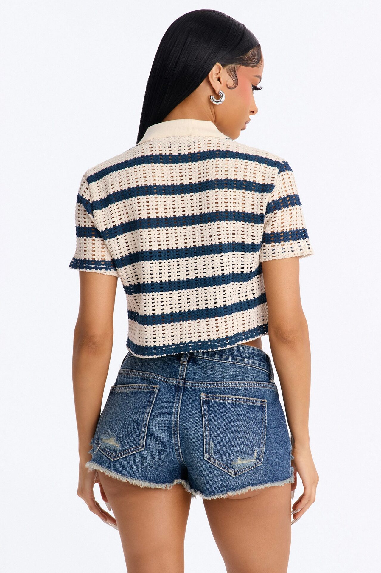Costal Girl Striped Crochet Shirt - Navy/combo