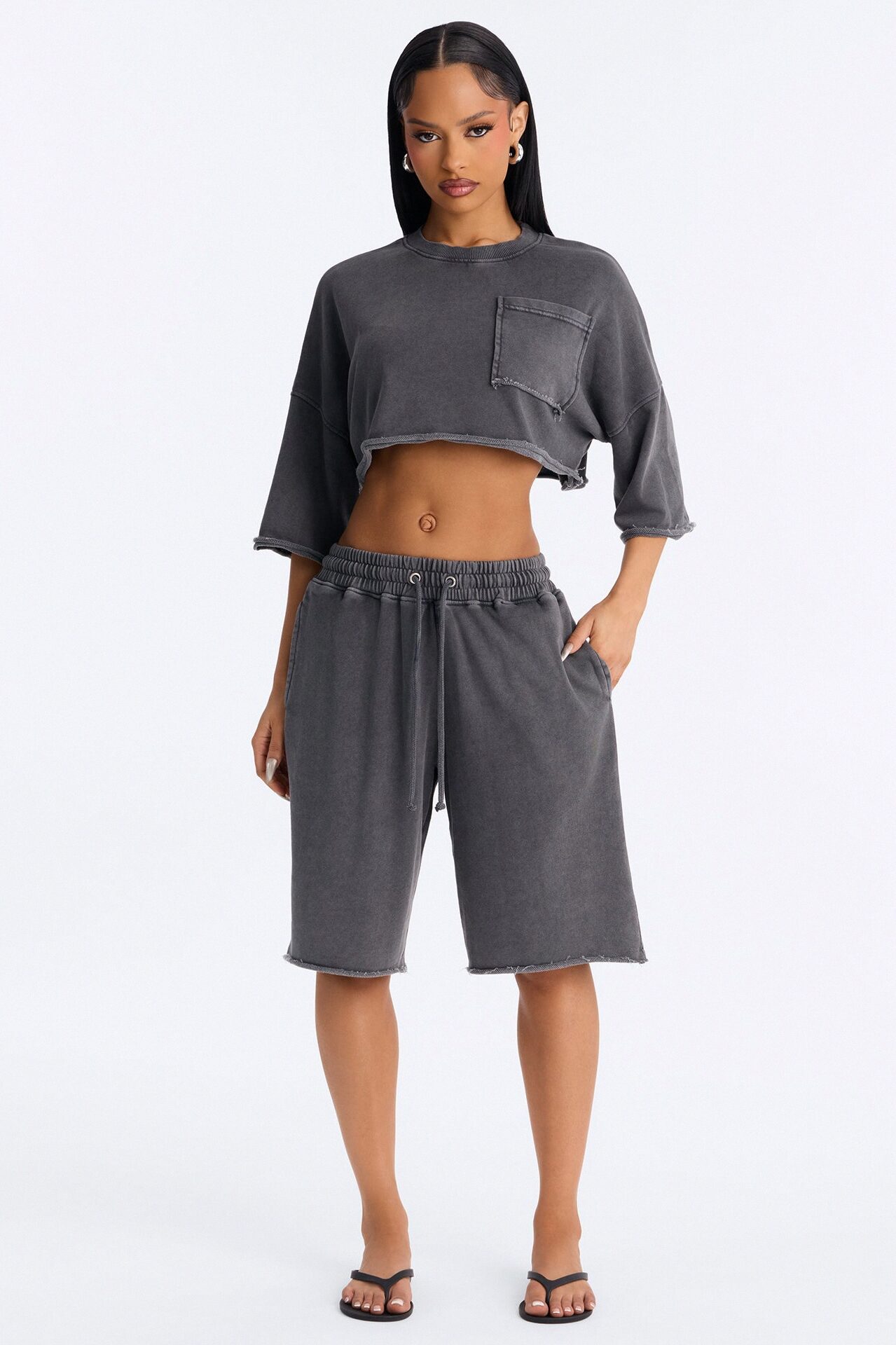 Trina Cropped French Terry Jort Set - Charcoal