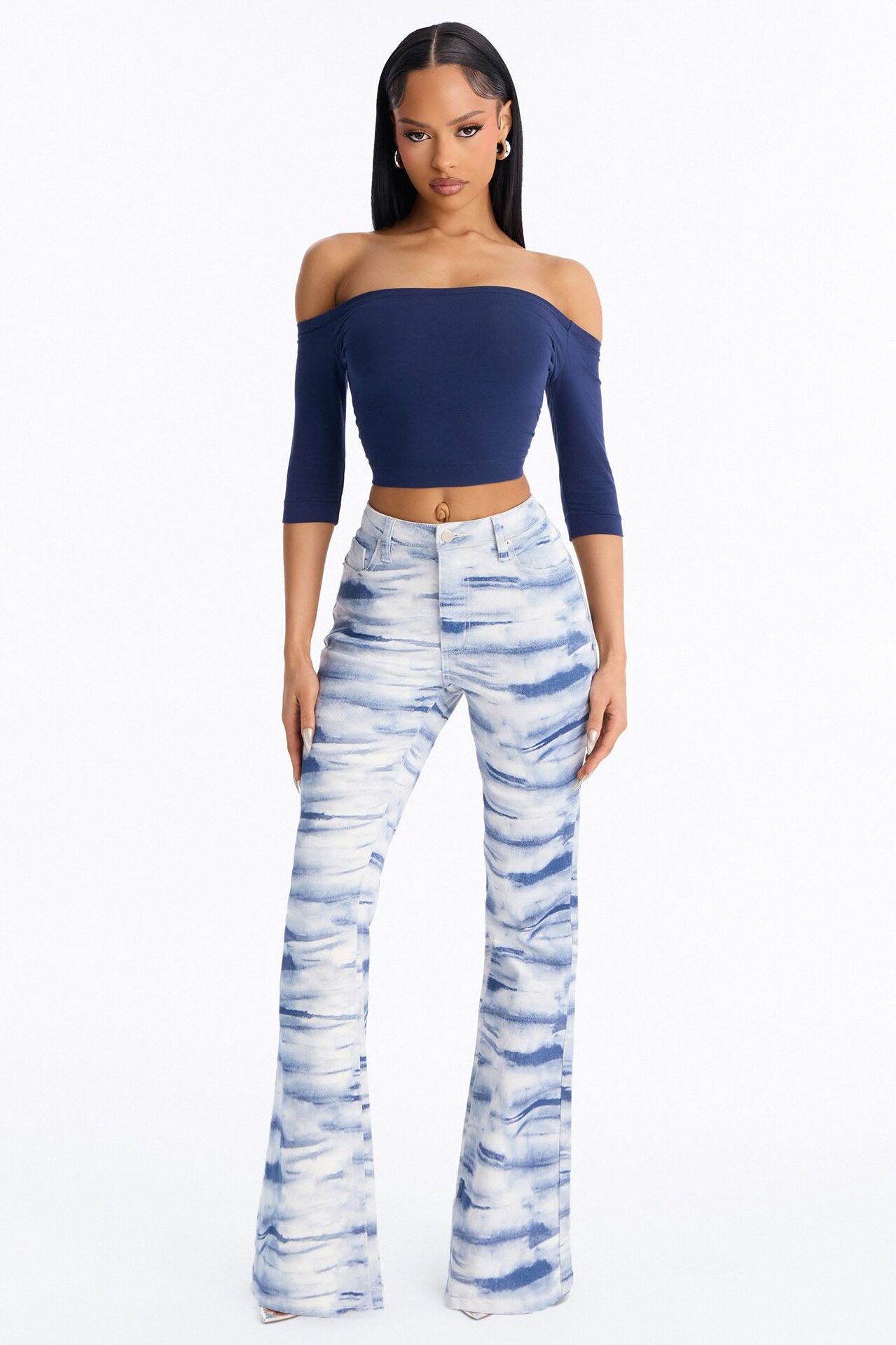 Heartland Printed Tie Dye Stretch Flare Jeans - Blue/combo