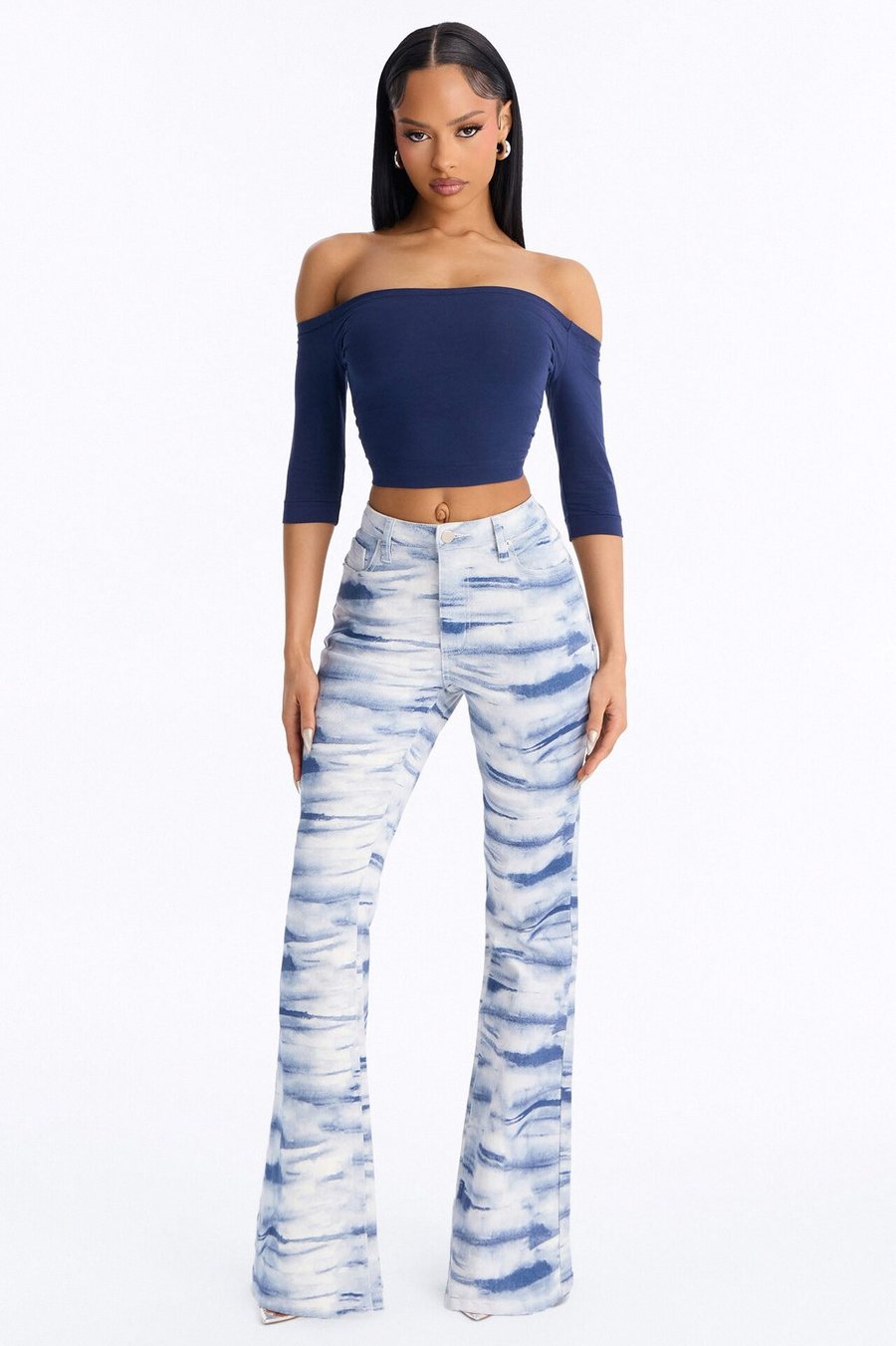 Heartland Printed Tie Dye Stretch Flare Jeans - Navy