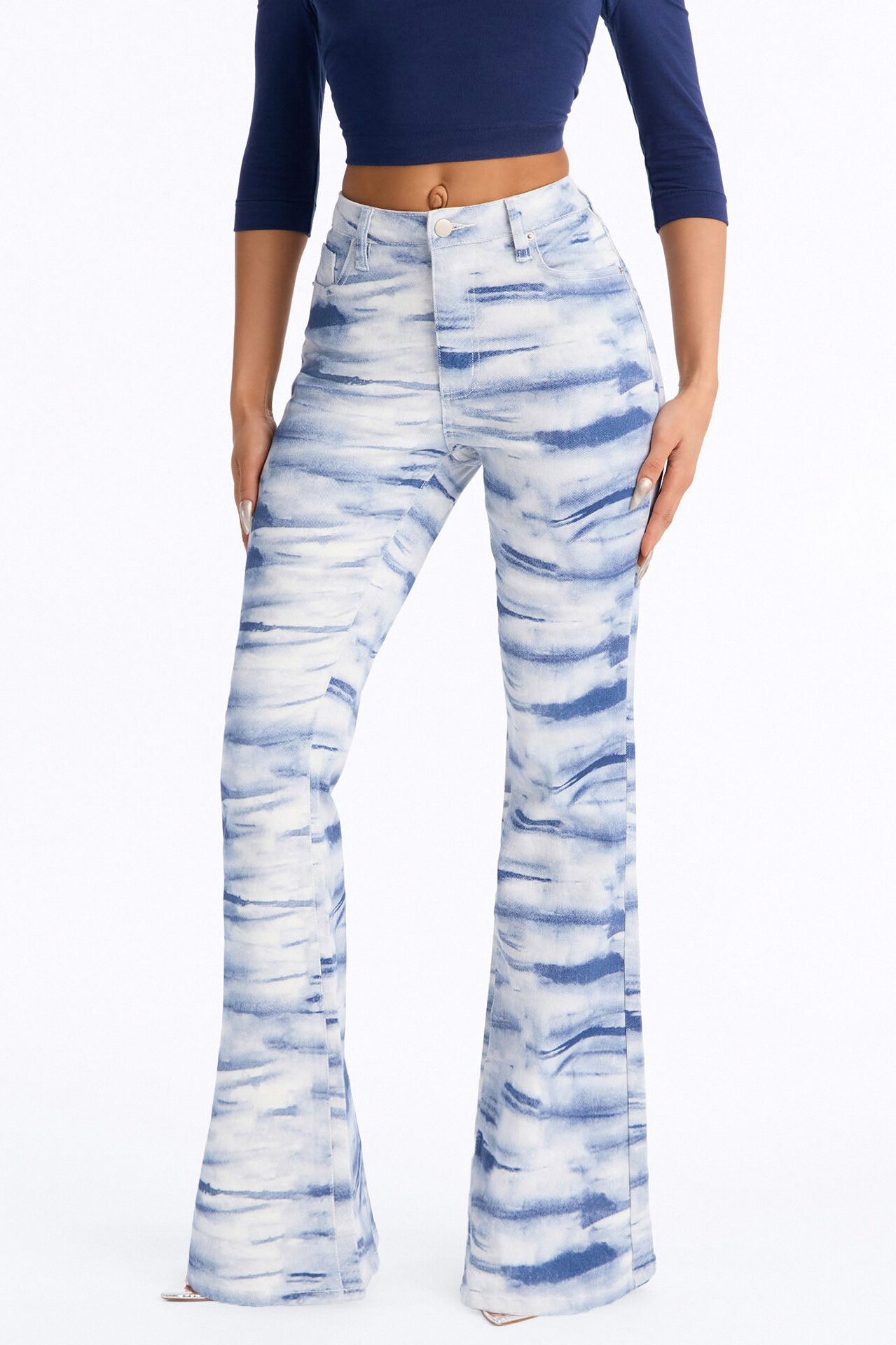 Heartland Printed Tie Dye Stretch Flare Jeans - Blue/combo