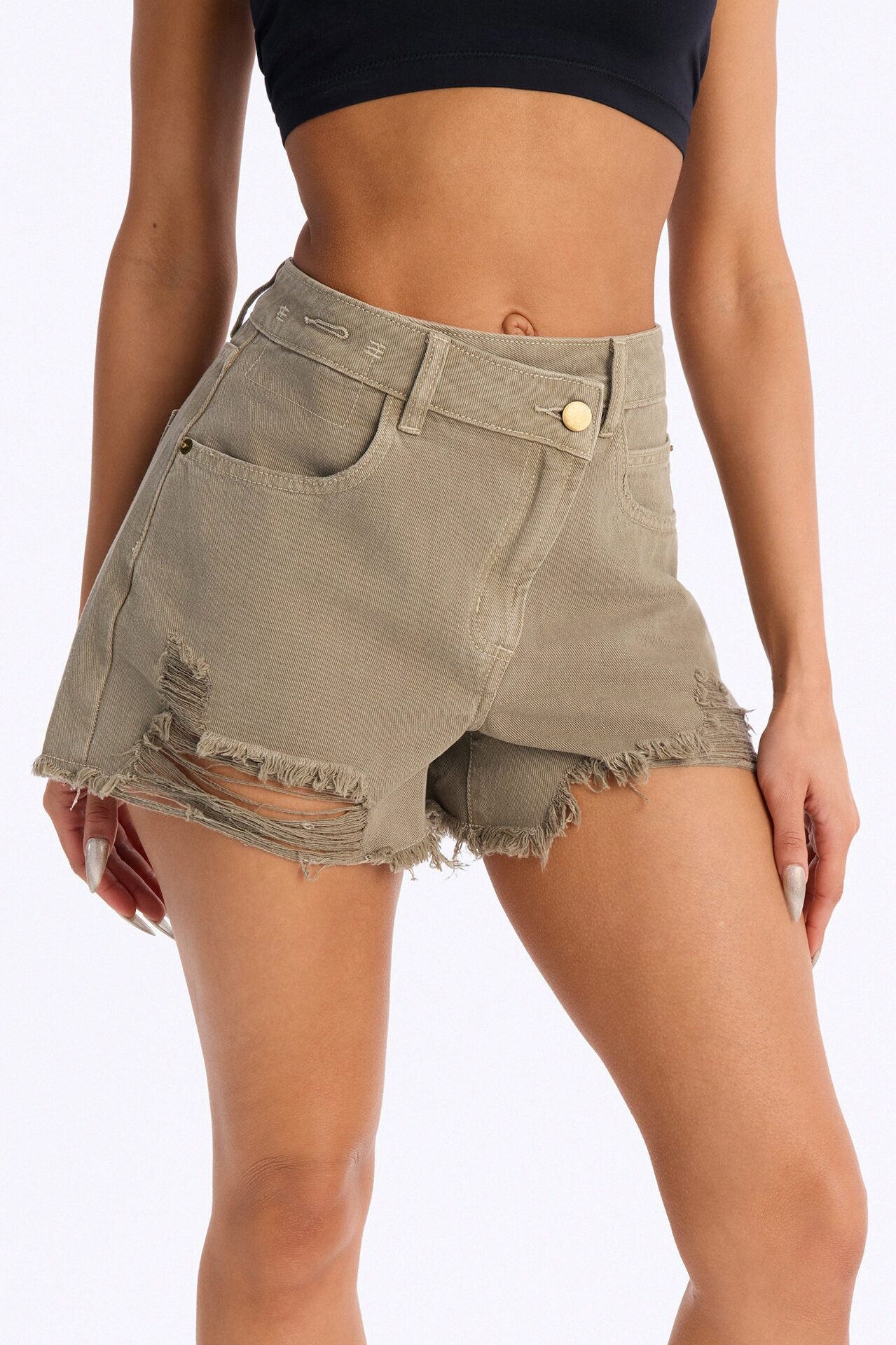 SunshineTime Crossover Cut Off Denim Shorts - Olive