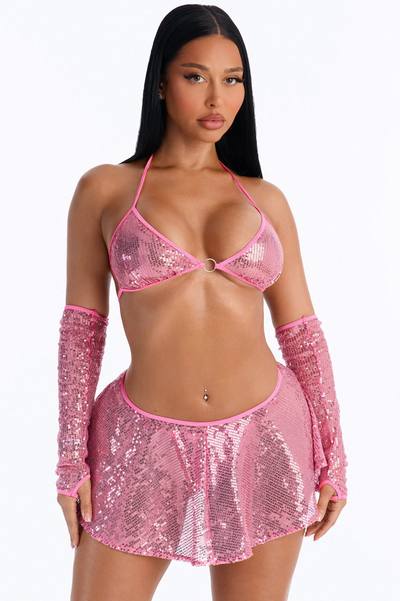 Nightly Sequin Triangle Bralette Mini Skirt 4 Piece Set - Pink