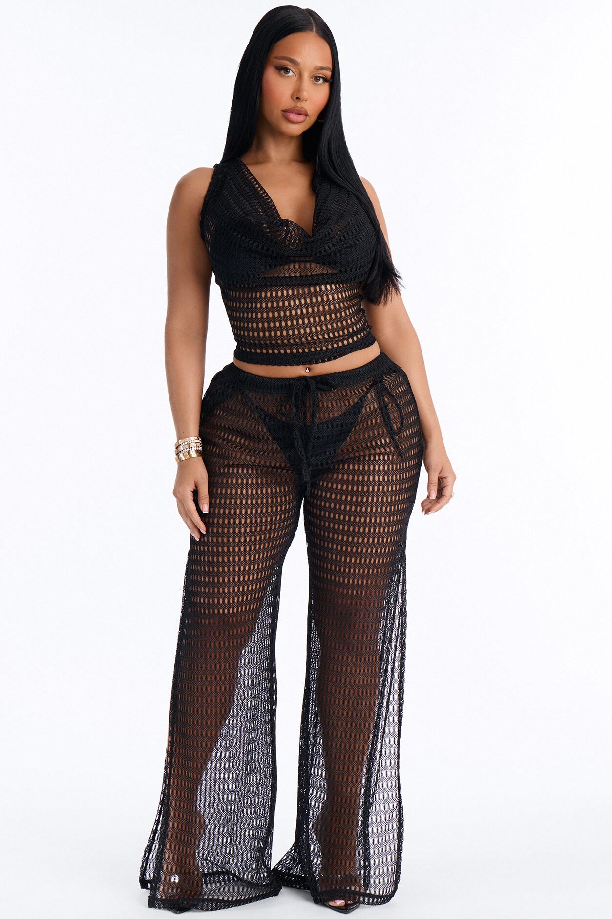 Sunny Shores Metallic Cowl Neck Cover Up Pants Set - Black
