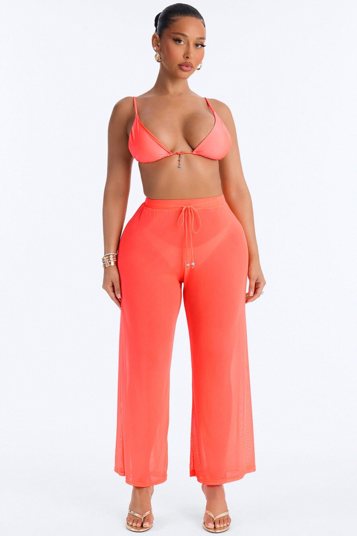 Doing The Most 3 Piece Shimmer Triangle Bikini & Cover Up Pant Sunsuit - Tangerine