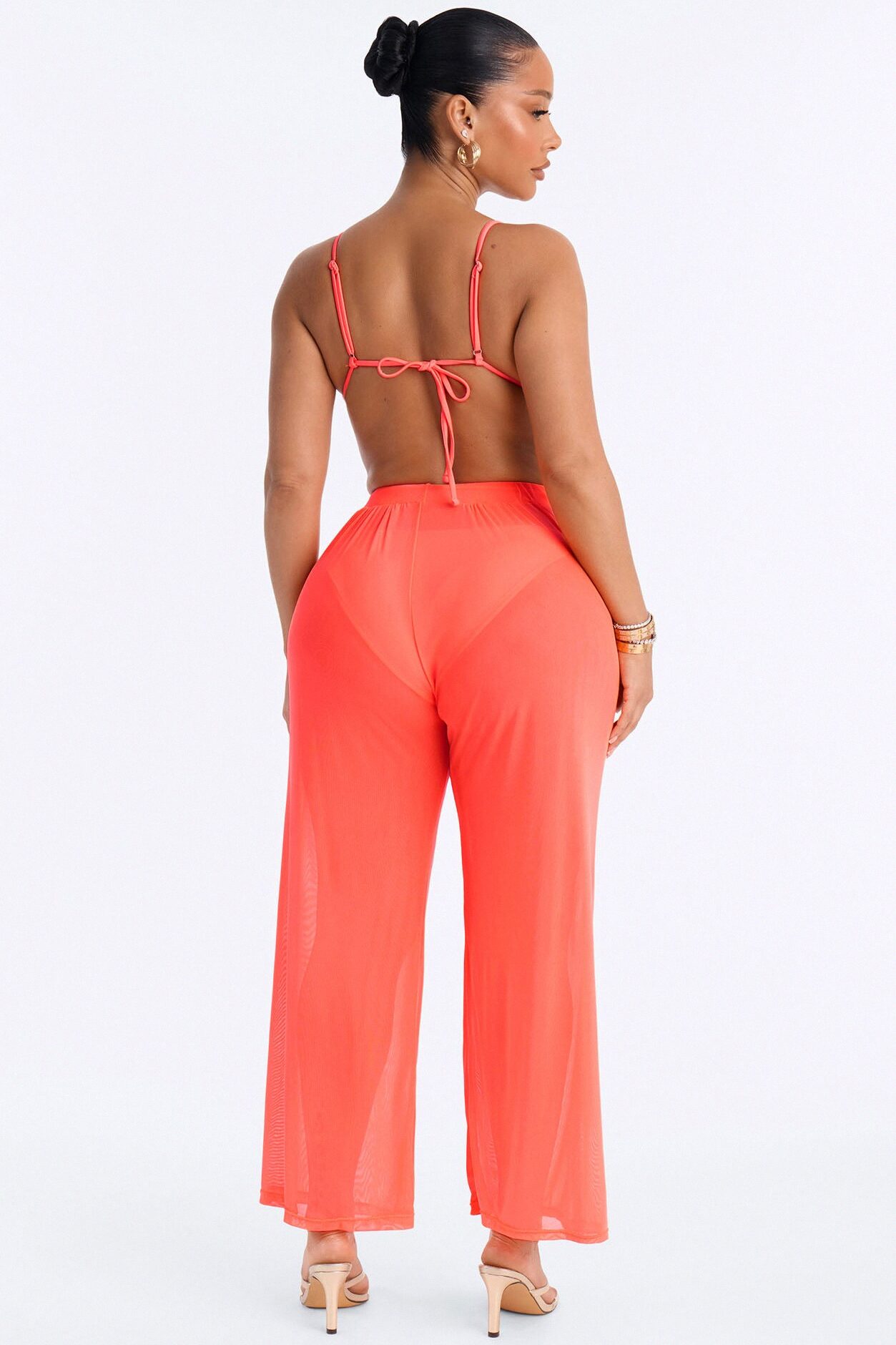 Doing The Most 3 Piece Shimmer Triangle Bikini & Cover Up Pant Sunsuit - Tangerine