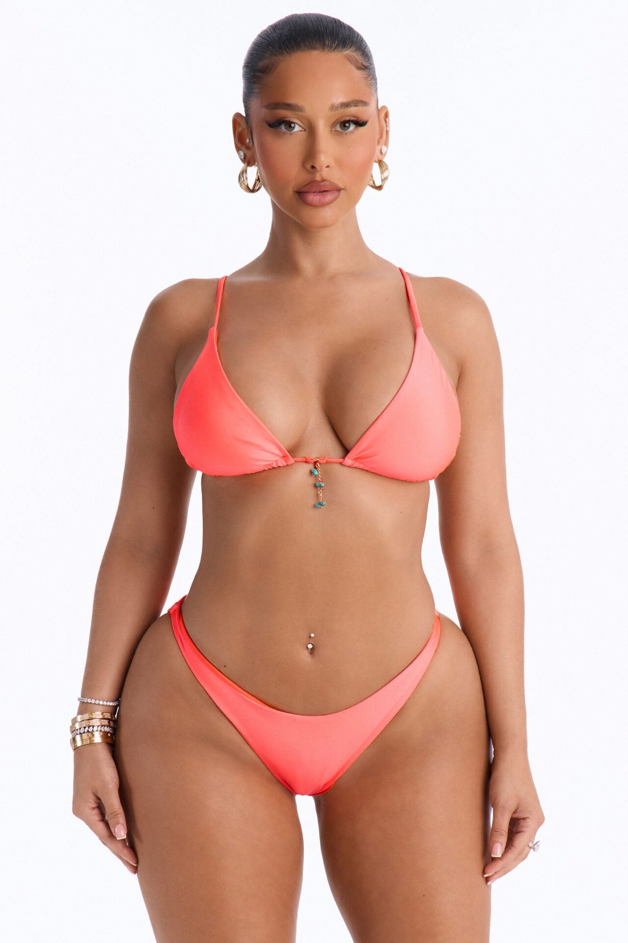 Doing The Most 3 Piece Shimmer Triangle Bikini & Cover Up Pant Sunsuit - Tangerine