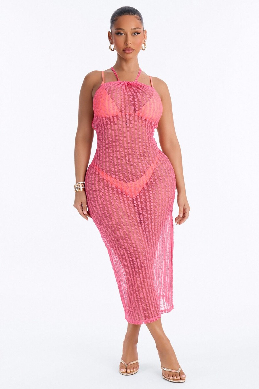 Summer Fling Stripe Lace Halter Cover Up Maxi Dress - Pink