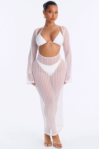 Summer Fling Stripe Lace Scoop Cover Up Maxi Dress - White