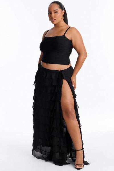 Alyssa Low Rise Tie Waist Ruffle Maxi Skirt - Black