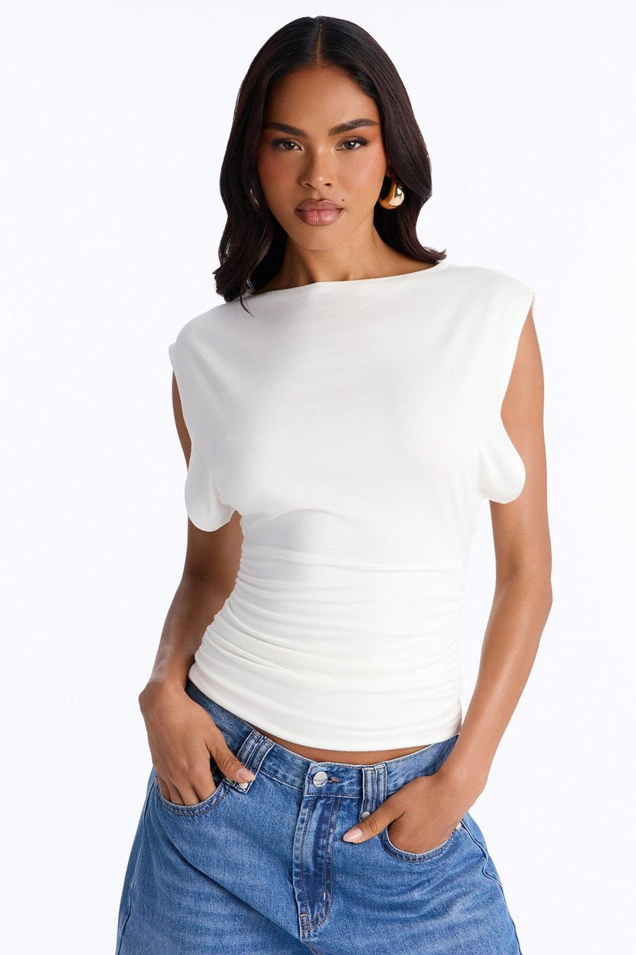 Kylie Ruched Short Sleeve Top - White