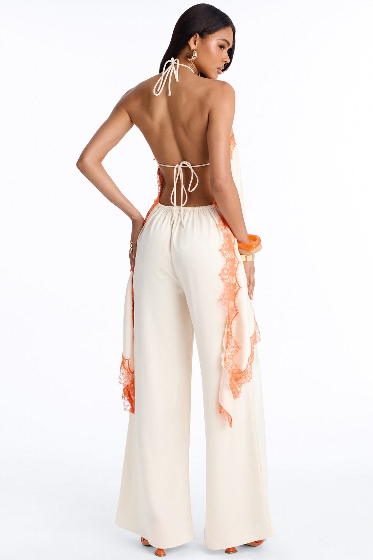 Samara Satin Lace Trim Backless Jumpsuit - Cream/combo